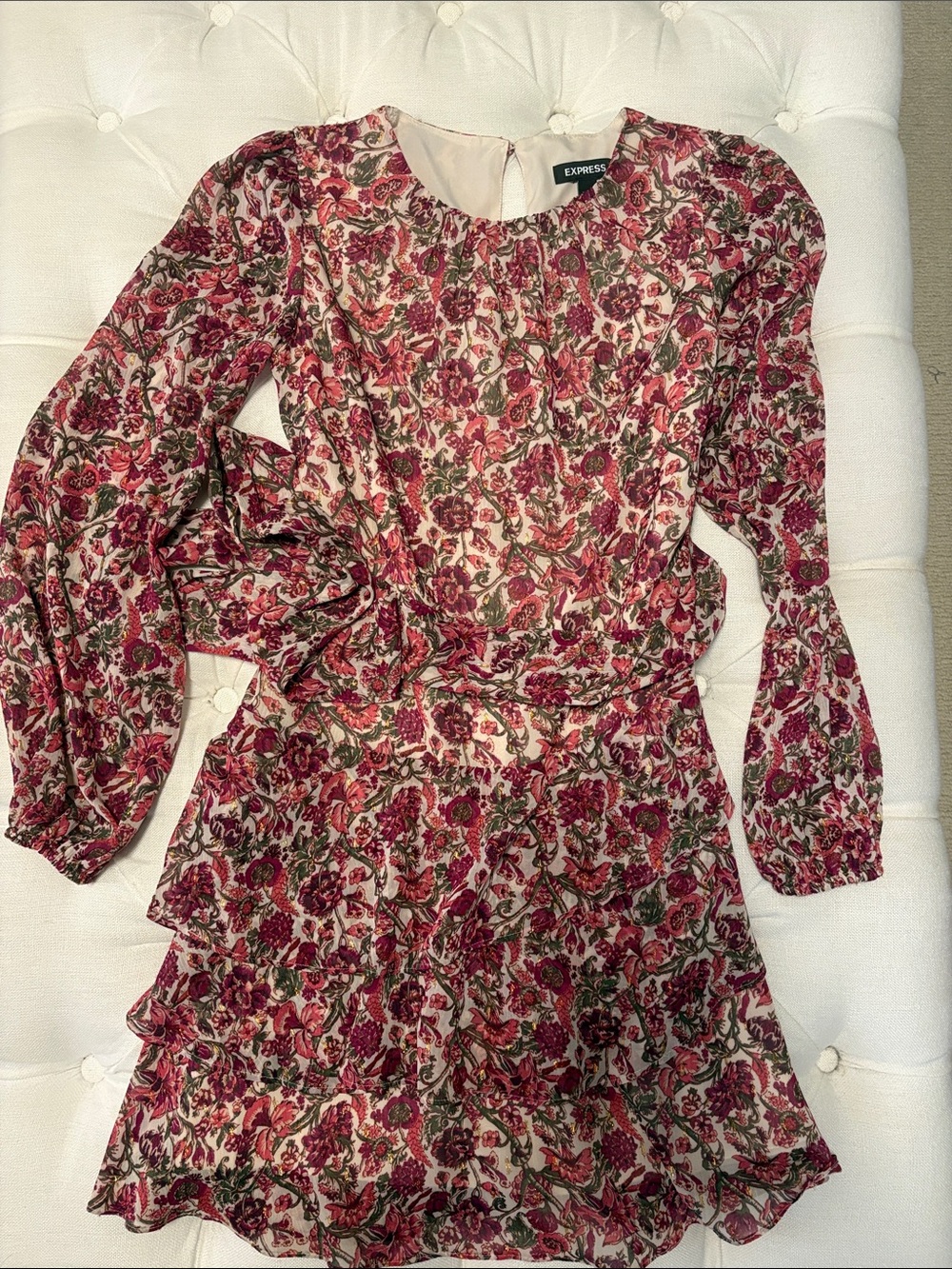 Express Pink Floral Long-Sleeve Tiered Mini Dress